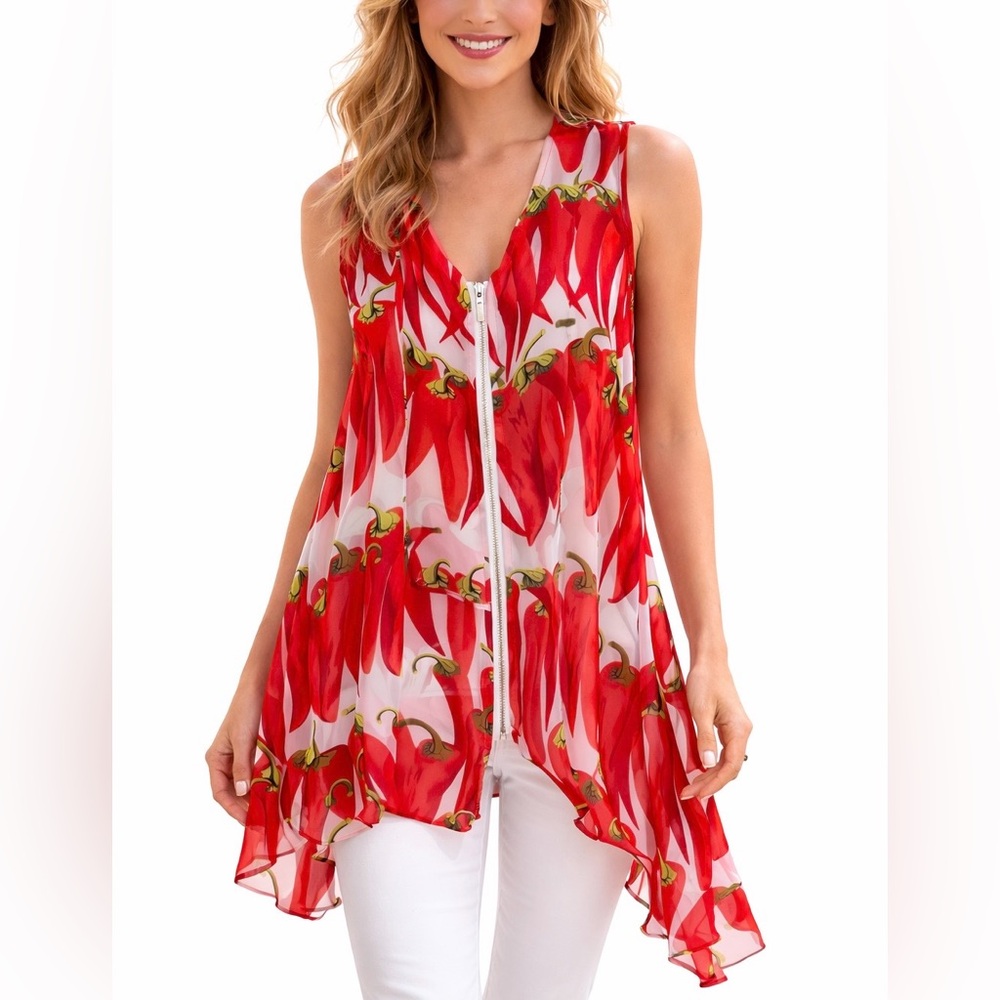 Trendology Silk Blend Asymmetrical Zip Up Blouse Chili Pepper Print Size M Sheer